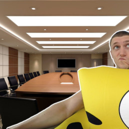 Wearing a smiley suit in a meeting